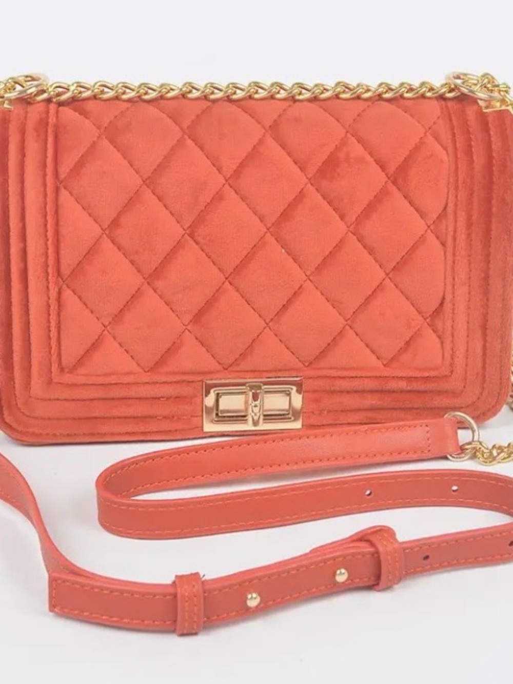 Quilted Orange Crossbody Shoulder Bag with Gold Chain